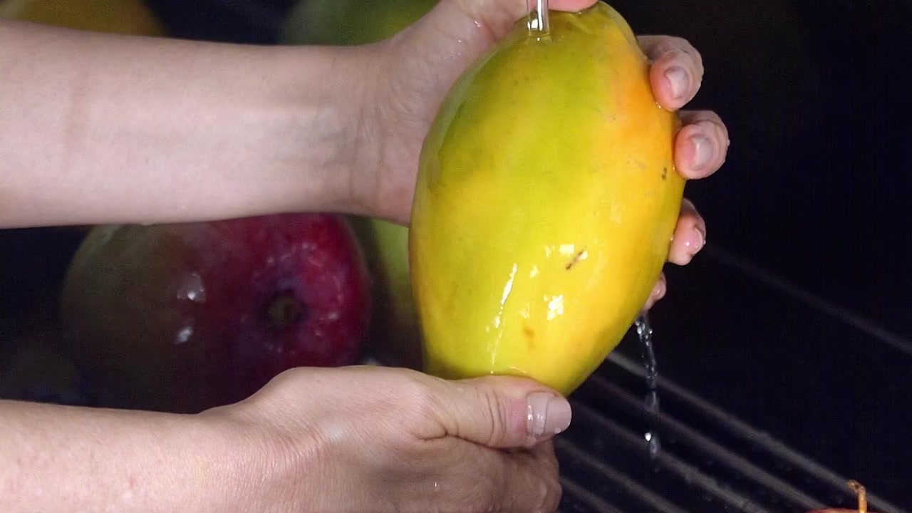 Esterno del frutto, risciacquo con liquido pulito, processi interni, rallentatore.