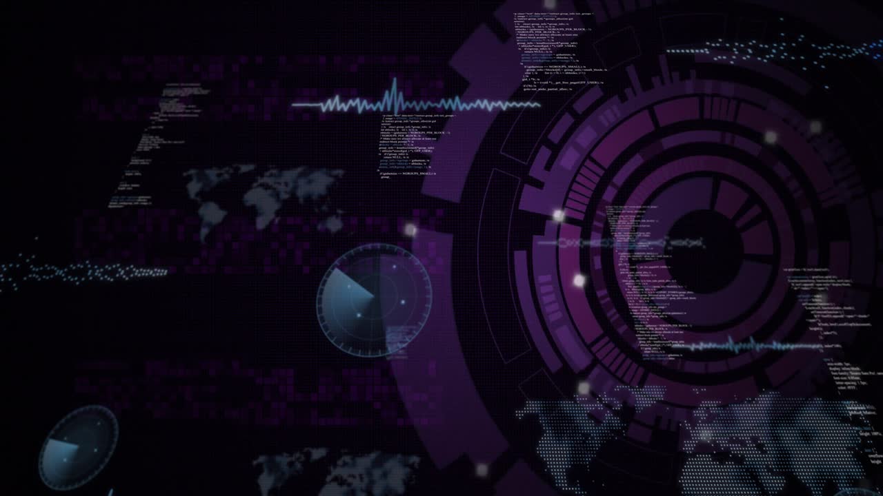 Purple concentric circular data visualization HUD animating in interface, with radar sweeps