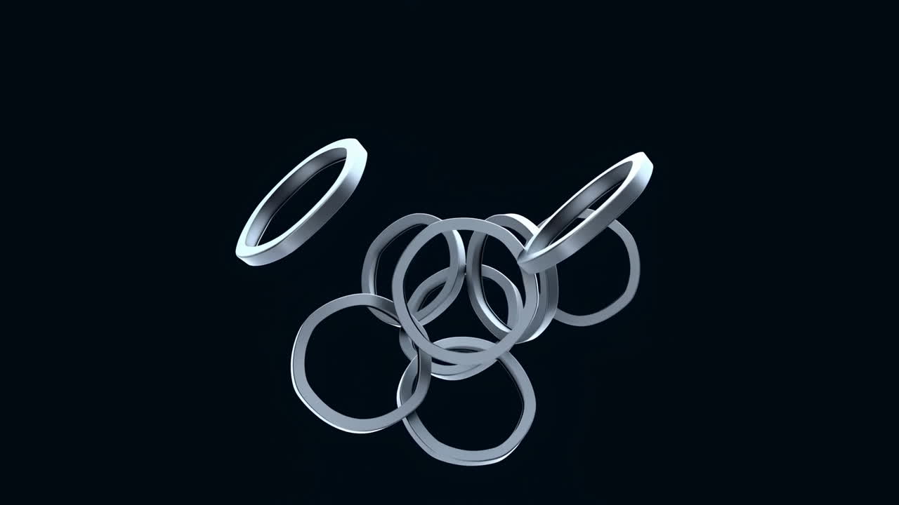 Floating Silver Rings Over Dark Background, Glossy Three Dimensional Loops Rotate In Slow Kinetic