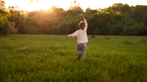 The-boy-launches-a-kite.-Summer-day.-Sunny.The-boy-in-a-gray-t-shirt-with-a-kite.-A-boy-of-European-appearance-on-the-field.-Clouds-sky-summer.-Bright