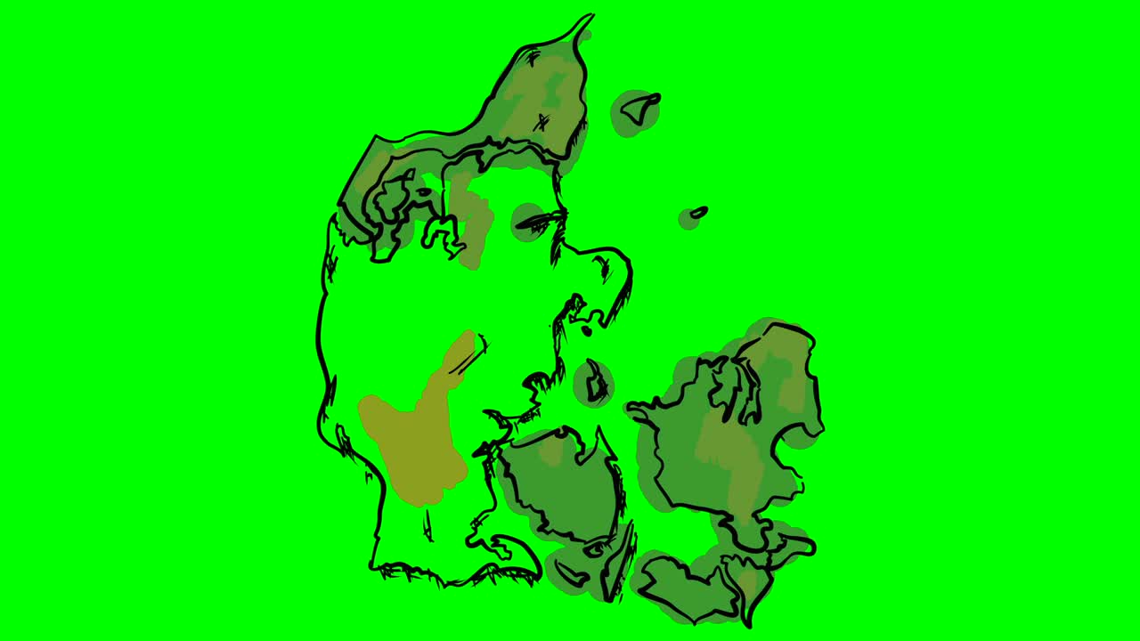 덴마크는 녹색 화면에 컬러 지도를 그려서 고립된 화이트보드입니다.