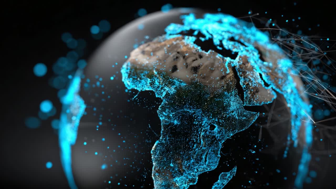 A Stunning Digital Visualization of Earth: Focus on Africa with Dynamic Neon Blue Highlights Capturing the Continent's Natural Features and Global Impact