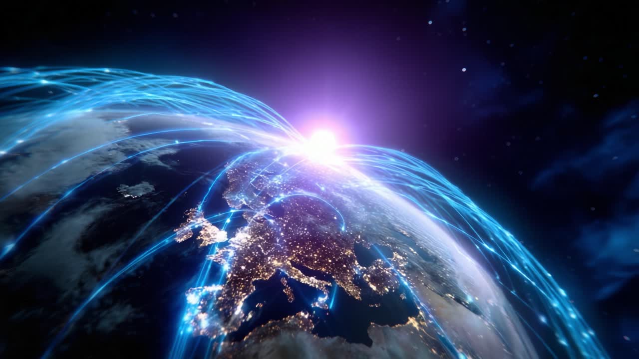 A Stunning Visualization of Earth with Blue Energy Streams Connecting Global Networks and Illuminating Connections Between Continents, Highlighting the Interconnectedness of Our Modern World
