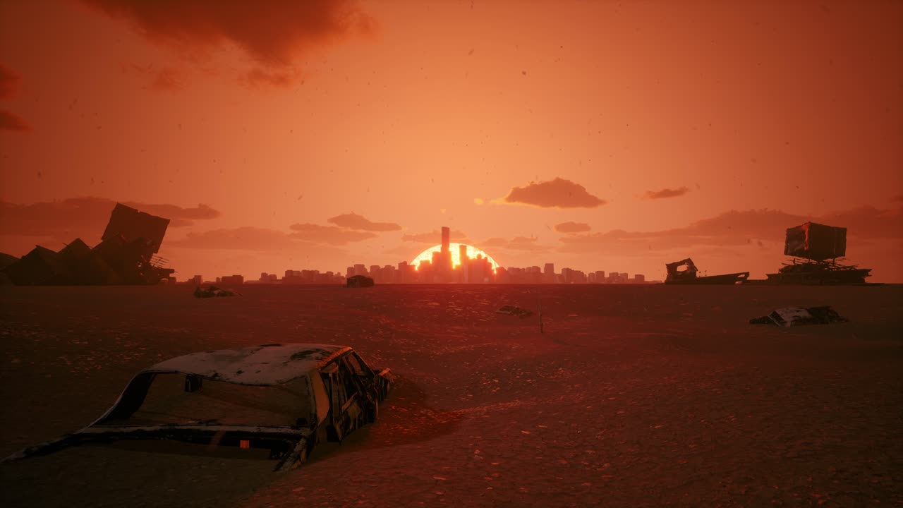 Tramonto post-apocalittico su una città deserta