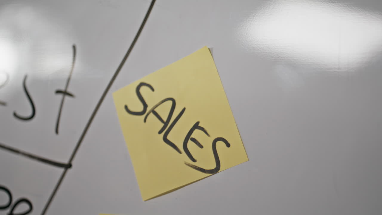 Businesswoman putting sales note on whiteboard closeup. Lady counting budget