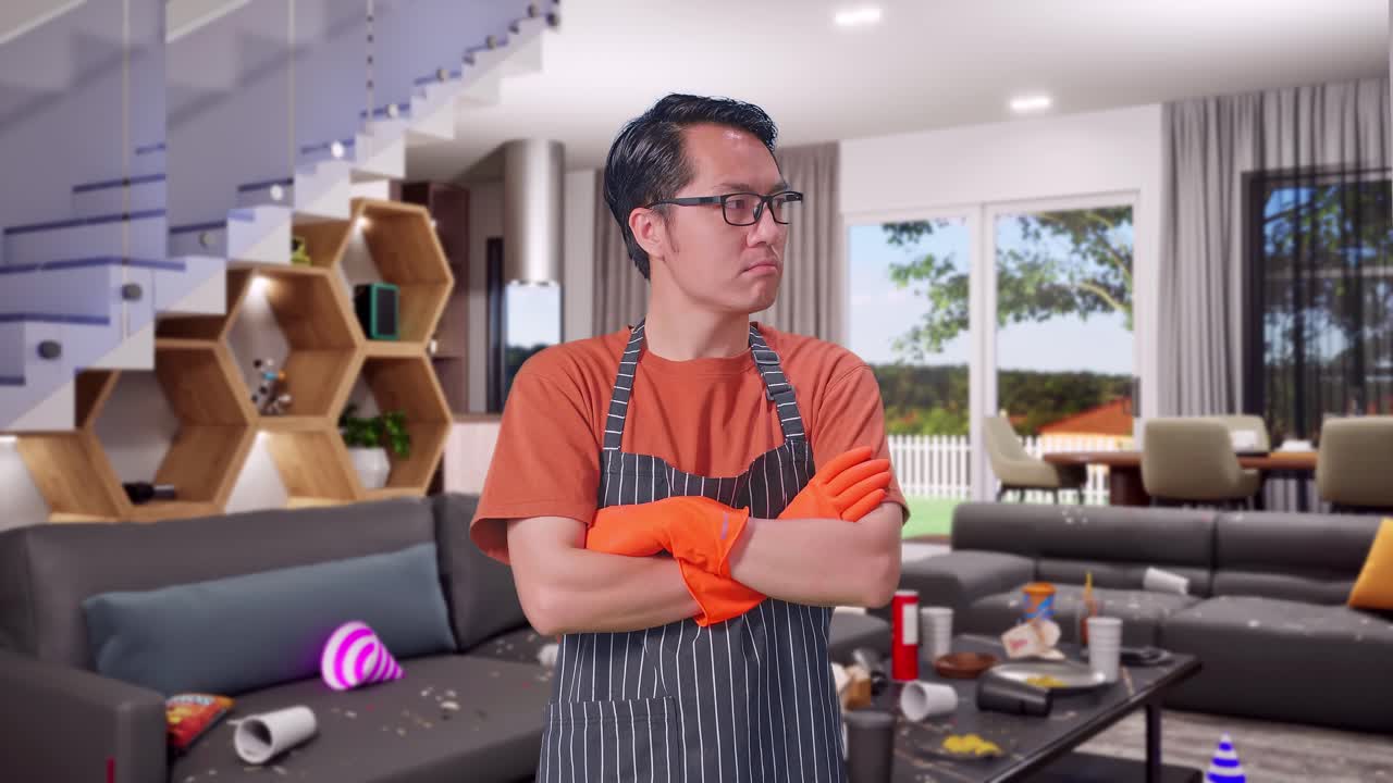 アジア人の男性家政婦が前をかぶって腕を交差させ家の中に立っている間周りを見回しています