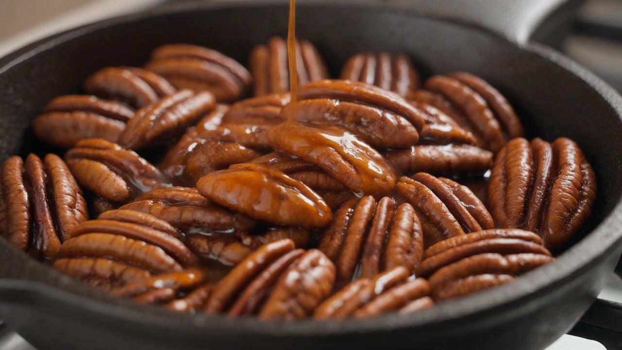 Karamellsaus helles over ristede pekannøtter i en stekepanne