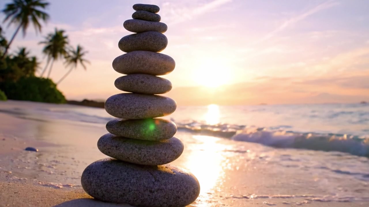 Un coucher de soleil serein sur la plage, avec une tour de pierres lisses parfaitement empilées, symbolisant la tranquillité et l'équilibre au milieu de la beauté de la nature.