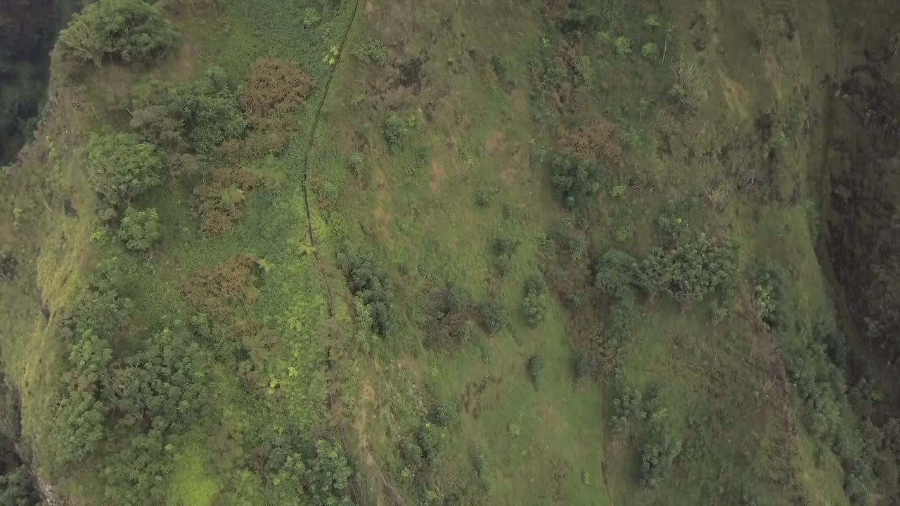 descenso aéreo de montaña verde a las icónicas escaleras haiku en oahu, hawaii