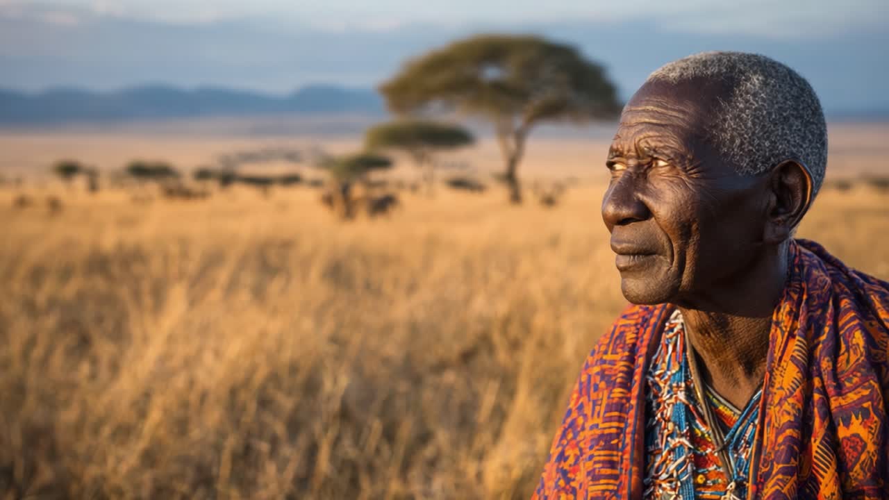En eftertænksom ældre person i et stort savannelandskab, fanget i gyldent lys, reflekterende over liv, kultur og natur blandt yndefulde træer og vidtstrakte horisonter.