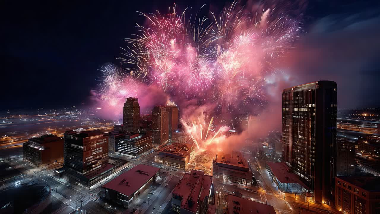 Spectacular Night Skyline Illuminated by Colorful Fireworks Display Over Urban Cityscape, Showcasing Bright Lights and Vibrant Celebrations Against Dark Sky Backdrop