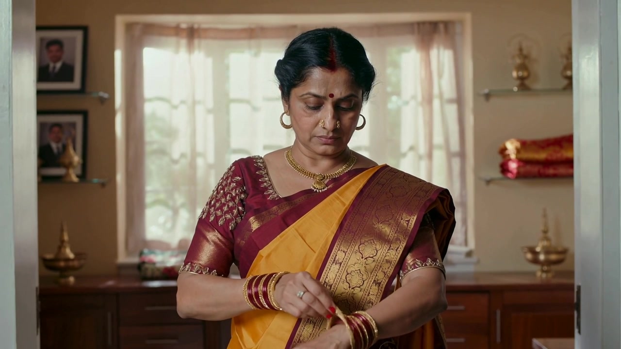 Donna in sari che sistema i braccialetti mentre si veste a casa, sente un suono, guarda a sinistra e si sistema lo chignon