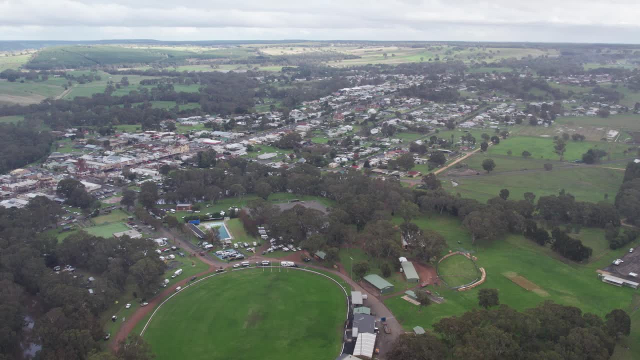 Aerial view over the town of Casterton in western Victoria, Australia. June 2023.