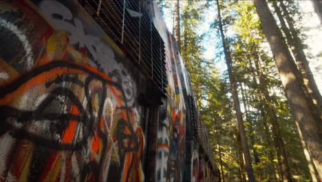 slow-motion of train wreckage abandoned in the middle of the forest and covered by graffiti and paintings