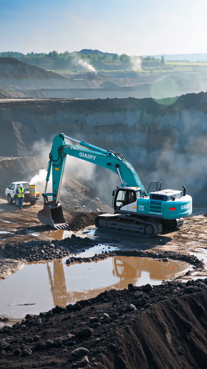 Excavator and worker at a mining or construction site