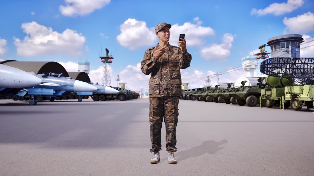 아시안 남성 병사의 몸이 가득 차 있습니다. 군 캠프에 서 있는 동안 스마트폰으로 비디오 통화를 하는 손을 흔들고 있습니다.