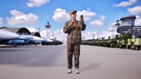 cuerpo lleno de hombre asiático soldado agitando la mano teniendo una llamada de video en el teléfono inteligente mientras estaba de pie en el campamento militar