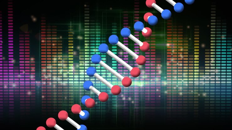 Animation of revolving dna strand and glowing colourful rectangles