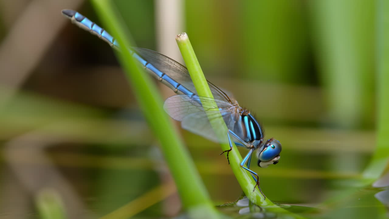 Libellula blu appollaiata su una canna, Vista macro mentre sorseggia acqua dallo stagno, Strisce blu vibranti, Ali traslucide