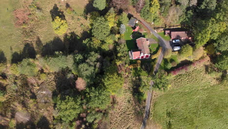 amazing top down aerial view of rural swedish countryside house farm, day