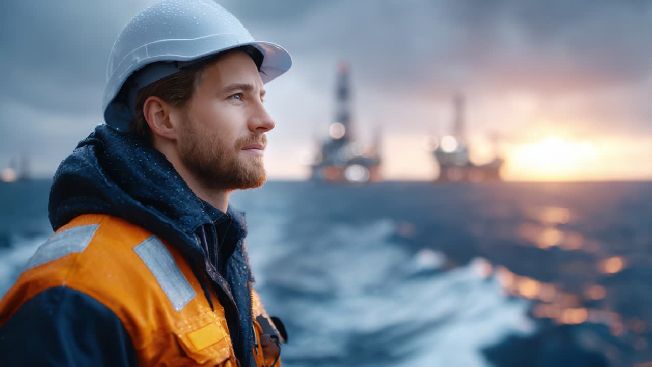 A Maritime Worker Gazing at the Horizon, Reflecting on Challenges and Opportunities in the Dynamic Energy Industry Amidst a Dramatic Seascape at Sunset