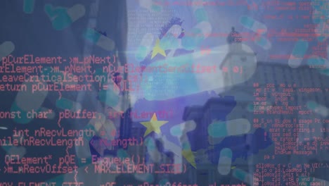 Animation-of-data-processing-and-pills-falling-over-european-map,-cityscape-and-european-union-flag