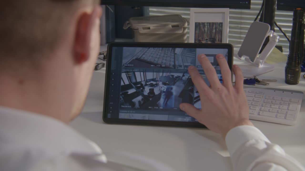 guardia de seguridad monitoreando múltiples cámaras en una tableta