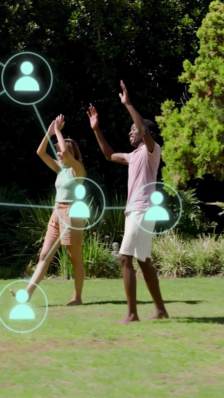Vertical video: Man in pink polo receiving ball for fun at pool, tech overlay growing, she clapping
