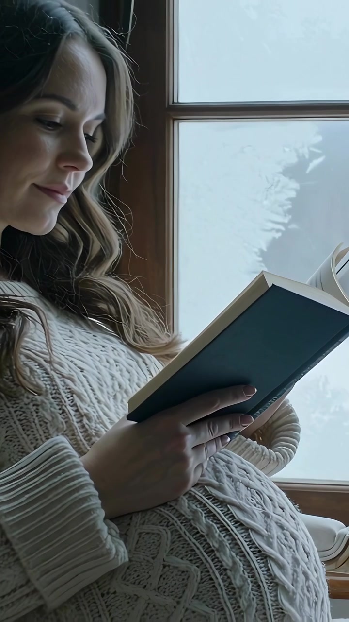 Vertikales Video: Kamera fährt zurück, schwangere Frau liest entspannt ein türkisfarbenes Buch am Fenster im Pullover.