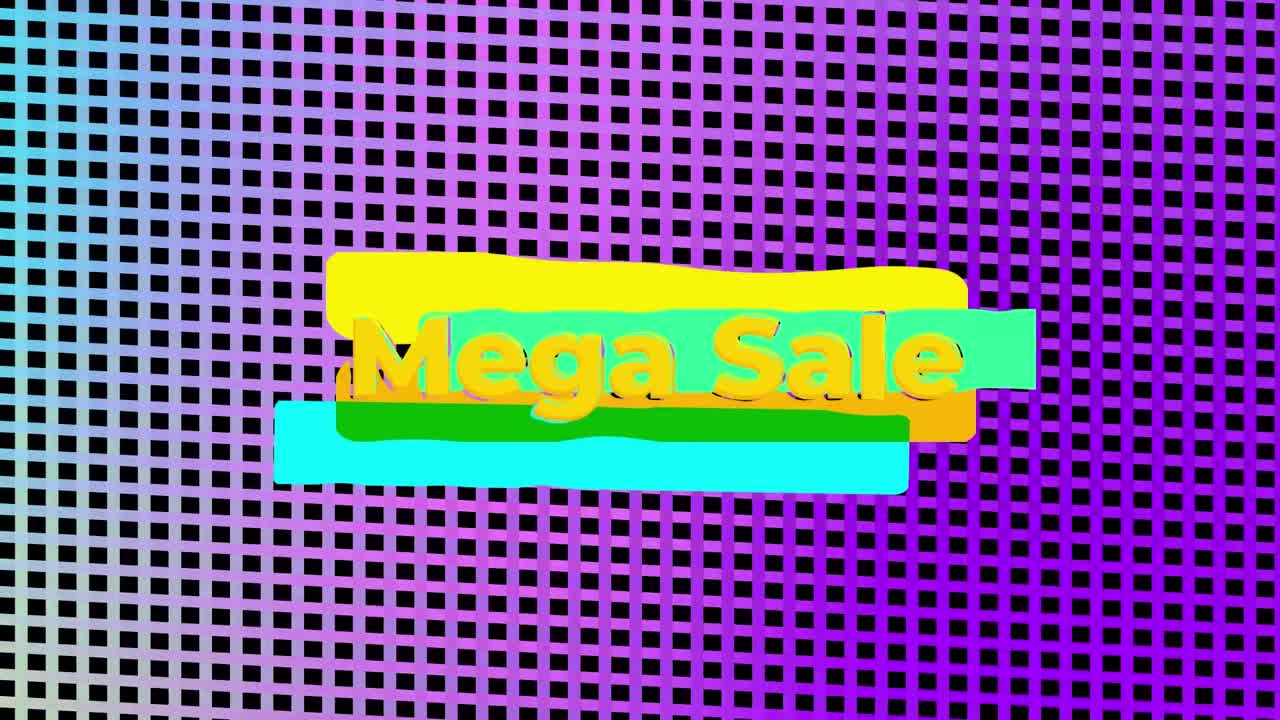 Animation of mega sale text on vibrant yellow and purple pattern background