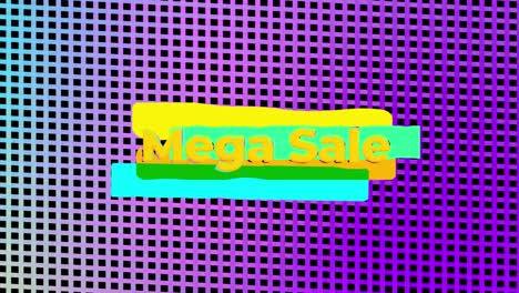 animación del texto de mega venta en un fondo de patrón amarillo y púrpura vibrante