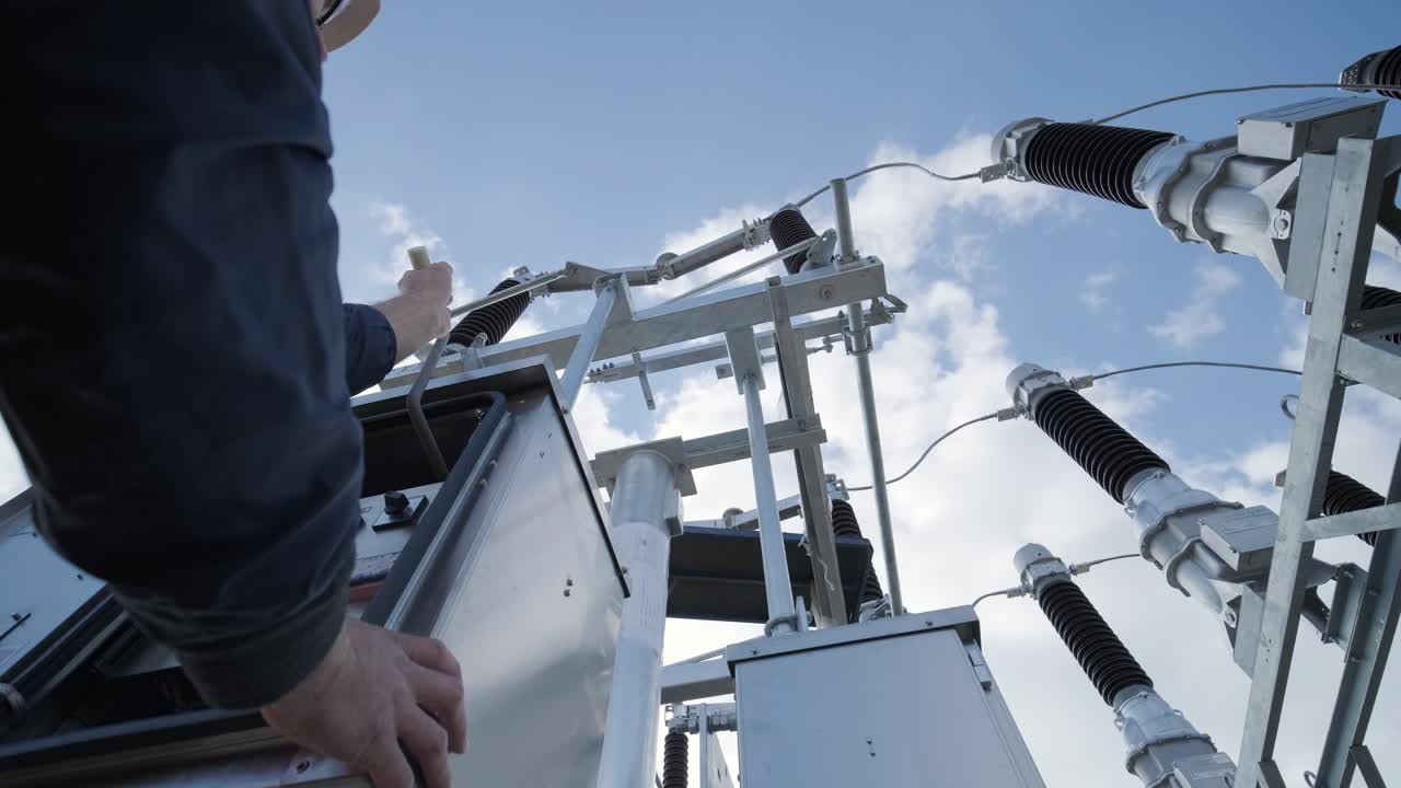 Setting up equipment at a transformer substation. Construction of a transformer substation
