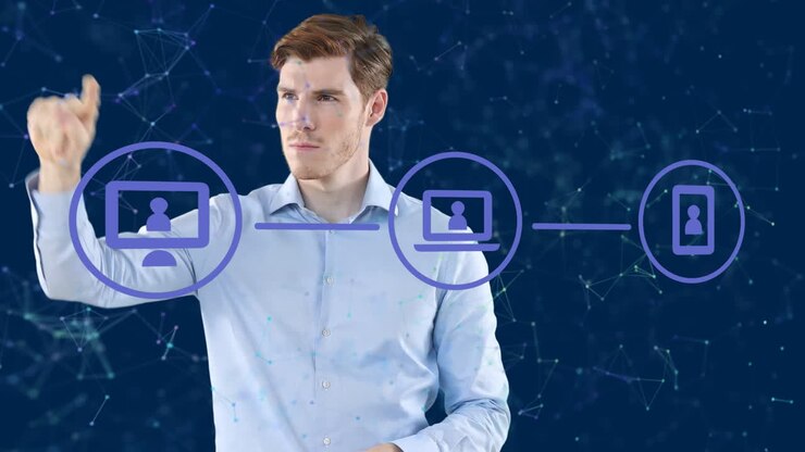 Animation of networks of connection with icons over caucasian businessman touching screen