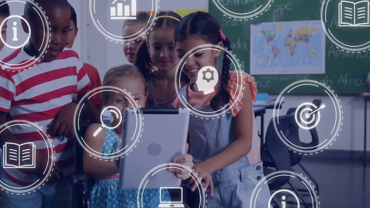 Seated girl turning tablet, sharing screen, classmates gathering in class, edu icons overlaying