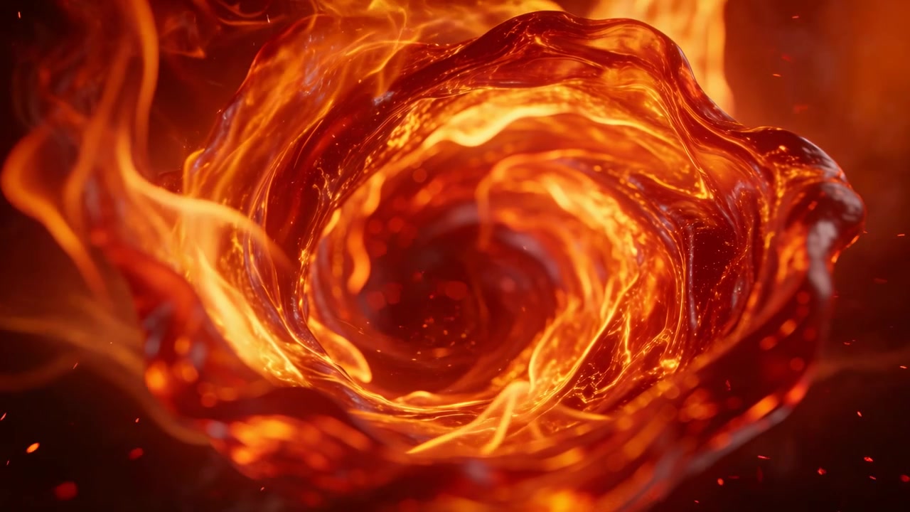 Rotating fiery vortex emitting embers and waving molten petals in close-up, heat driving inward