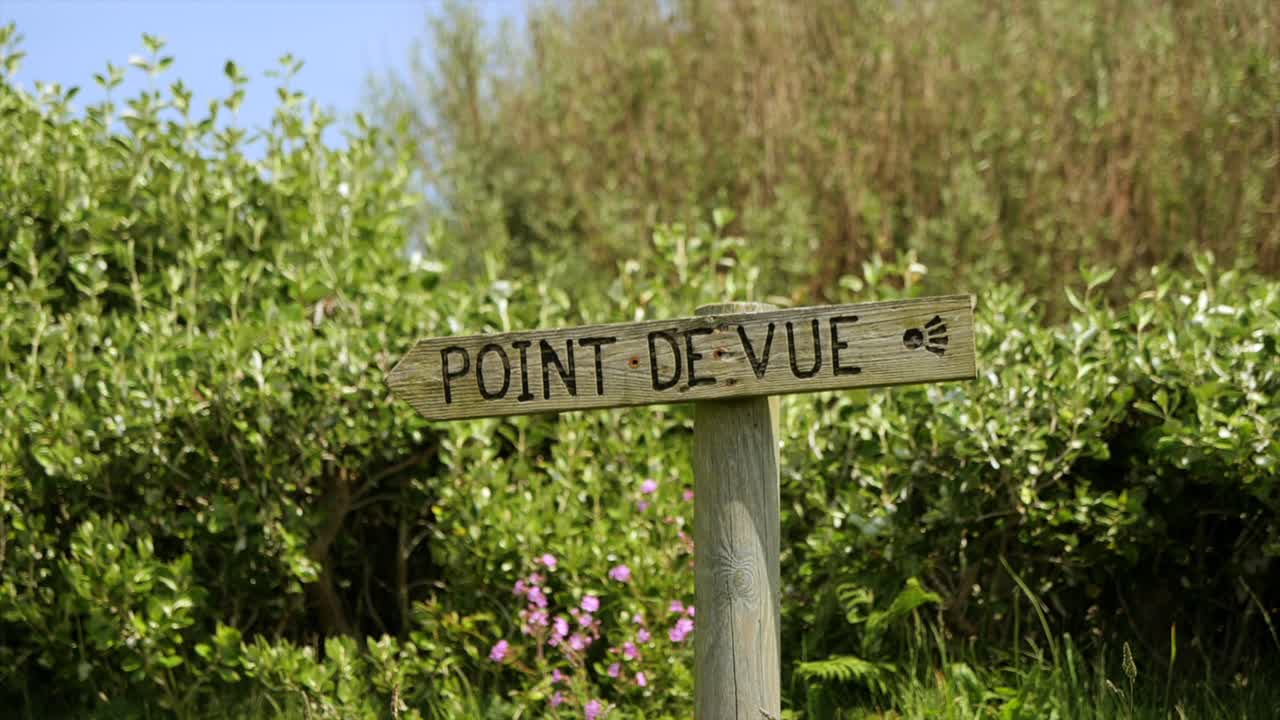 Close-up of a “Point de Vue” wooden sign surrounded by green plants and wildflowers in rural France, pointing to a scenic viewpoint and adding charm to the landscape.