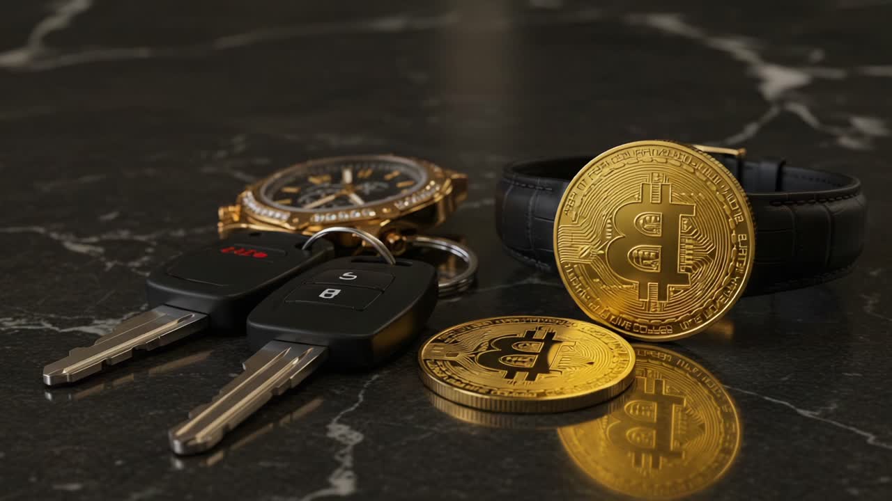 Exploring the Intersection of Wealth and Technology: A Close-Up on Cryptocurrency Coins, Luxury Watches, and Car Keys Displayed on a Marble Surface