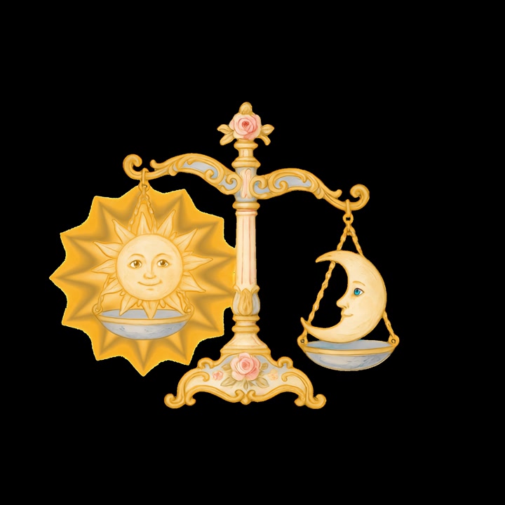 Balanza de la justicia dorada animada con símbolos de sol y luna