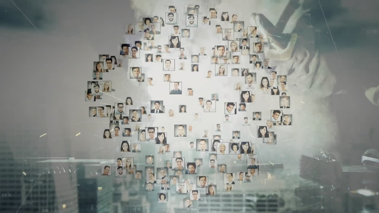 White-gloved hand reaching toward floating headshots with technology UI elements circling sphere