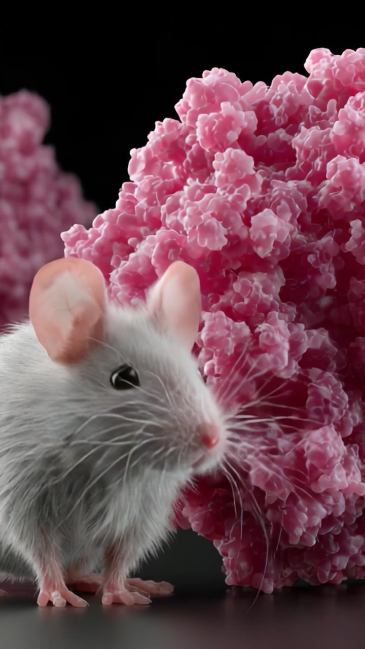 Una vista ravvicinata di un morbido topo grigio annidato tra forme rosa vibranti e texturizzate, che mostra il contrasto tra i colori e le texture della natura