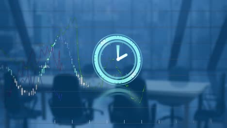 animación del reloj y el procesamiento de datos en una oficina vacía