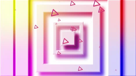 Animation-Roter-Dreiecke,-Die-über-Sich-Bewegende-Konzentrische-Quadrate-Fallen,-Mit-Regenbogenschatten