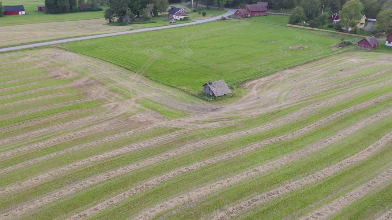 Vista aerea: vecchia fucina in un campo verde di giorno in Svezia, ripresa con drone in orbita.