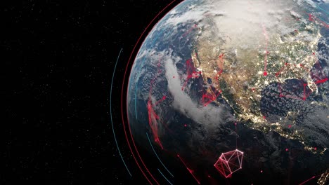 earth globe view dark space with electromagnetic pollution field connection internet between big city and light pollution 3d rendering animation usa and america map