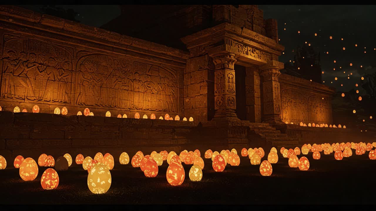 Ancient Temple Illuminated by Glowing Eggs: A Mesmerizing Display of Light and Shadows Capturing the Mystique of a Forgotten Era
