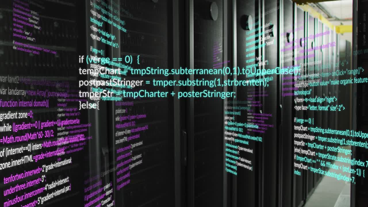 Animation de langage informatique multicolore sur fond de salle de serveurs