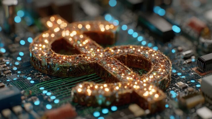 Primo piano dettagliato di un circuito elettronico vivido con un simbolo del dollaro scintillante, che simboleggia l'intersezione tra tecnologia e finanza