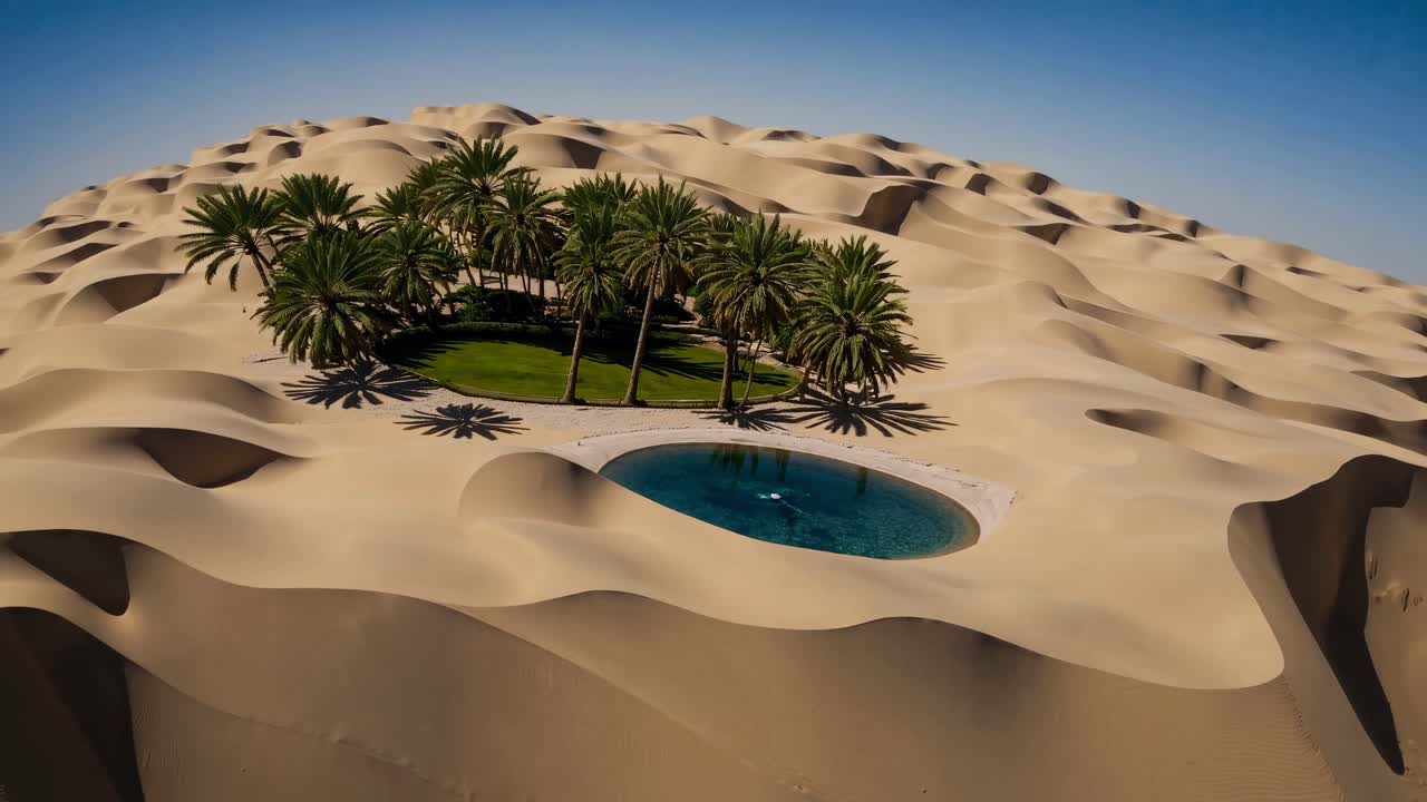 Vista aerea di un’oasi nel deserto con palme e acqua blu