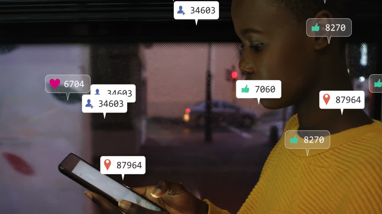Animation of notification bars over african american girl scrolling on digital tablet in bus