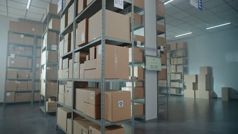 warehouse storage facility with shelves and cardboard boxes